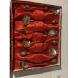 A BOXED SET OF SIX ANTIQUE INDIVIDUALLY HALLMARKED 800 SILVER COFFEE BEAN SPOONS