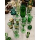 A QUANTITY OF GREEN GLASSWARE TO INCLUDE A BELIEVED TO BE MARY GREGORY GREEN VASE, BOHEMIAN STYLE