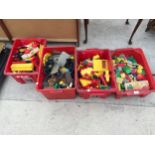 A LARGE QUANTITY OF VINTAGE CHILDRENS TOYS TO INCLUDE PLAY MOBILE, VEHICLES AND WOODEN BLOCKS ETC