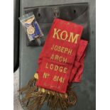 A MASONIC SASH, POUCH AND MEDAL