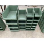 A COLLECTION OF TWENTY VARIOUS SIZED STACKABLE LIN BIN STORAGE CONTAINERS