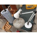 AN ASSORTMENT OF ITEMS TO INCLUDE AN ANGLE POISE LAMP, AN INDUSTRIAL STYLE LIGHT FITTING AND A STICK