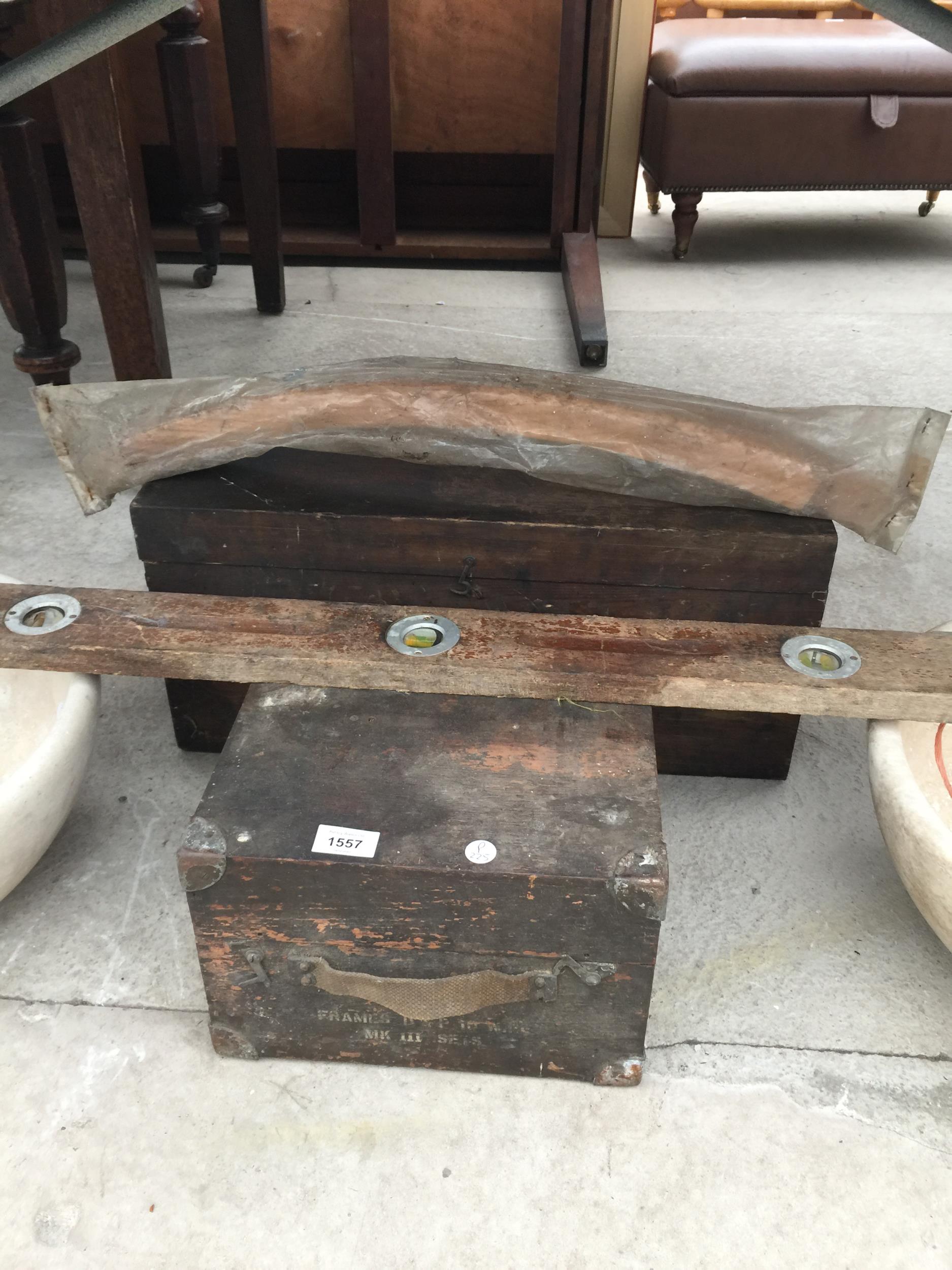 TWO VINTAGE WOODEN TOOL CHESTS AND A VINTAGE SPIRIT LEVEL