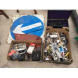 AN ASSORTMENT OF ITEMS TO INCLUDE A PROJECTOR, A ROAD SIGN, FLATWARE AND AUTO MOBILE SPARES ETC