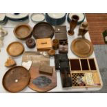 A QUANTITY OF TREEN COLLECTABLE ITEMS TO INCLUDE, BOWLS, BOXES, SIGNS, PLUS THREE CASED SHOE SHINING