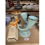 A COLLECTION OF CERAMICS TO INCLUDE, TWO CORNUCOPIA STYLE IRRIDESCENT VASES, AN ART DECO WALL