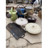 AN ASSORTMENT OF ITEMS TO INCLUDE A GALVANISED WATERING CAN, COOKING POTS AND TWO PAINTED WATERING