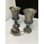 TWO HALLMARKED LONDON SILVER GOBLETS AND A HALLMARKED SILVER INFUSION BALL ON A CHAIN GROSS WEIGHT
