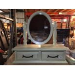 A PAINTED WOODEN DRESSING TABLE MIRROR WITH TWO DRAWERS SIZE 62CM X 85CM