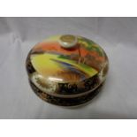 A NORITAKE LIDDED DISH WITH SCENES OF A LANDSCAPE PAINTED ON THE LID; SMALL CHIP TO THE OUTER EDGE