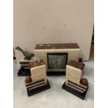 A MARBLE ART DECO MANTLE CLOCK WITH BIRD DECORATION AND GARNITURES