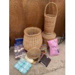 AN ASSORTMENT OF WICKER BASKETS TO ALSO INCLUDE A LARGE QUANTITY OF KNIITING EQUIPMENT TO INCLUDE