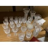 A QUANTITY OF CUTGLASS GLASSES TO INCLUDE WINE, SHERRY, PORT, VASES, ROSE BOWL, ETC