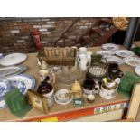 A QUANTITY OF ITEMS TO INCLUDE, STONEWARE JARS, DECO STYLE BOOKENDS, JUGS, MORTAR AND PESTLE, ETC