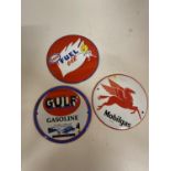 THREE ROUND TIN SIGNS FOR GULF GASOLINE, ESSO AND MOBILGAS
