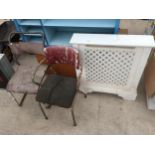 AN ASSORTMENT OF ITEMS TO INCLUDE A SHELVING UNIT, RADIATOR COVER, A CUPBOARD AND TWO VINTAGE CHAIRS