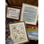 THREE FRAMED TAPESTRIES TO INCLUDE, 'HOME IS WHERE THE HEART IS', ALPHABET AND ANIMALS