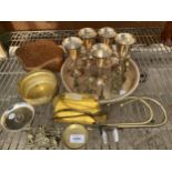 AN ASSORTMENT OF ITEMS TO INCLUDE BRASS FIGURES, SILVER PLATED GOBLETS AND A COPPER TIN ETC