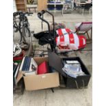 AN ASSORTMENT OF HOUSEHOLD CLEARANCE ITEMS TO INCLUDE MAGAZINES, BIKE RACK AND LIGHTS ETC