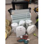 AN ASSORTMENT OF ITEMS TO INCLUDE HEATERS, AN ELECTRIC DRILL AND KETTLES ETC