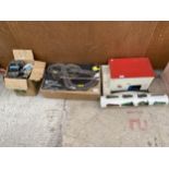 AN ASSORTMENT OF VINTAGE TOYS TO INCLUDE A WOODEN GARAGE AND SCALETRIC GAME ETC