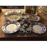 A QUANTITY OF BLUE AND WHITE CERAMICS TO INCLUDE CAULDON PLATES, WOOD & SONS PLATTERS, CUPS,