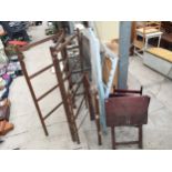 TWO VINTAGE WOODEN CLOTHES AIRERS, TWO FOLDING TABLES AND A FOLDING DECK CHAIR