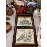 TWO FRAMED PRINTS, ONE OF WAYNE RAINEY, THE OTHER CARL FOGARTY, PLUS FOUR BOXED COLLECTABLE