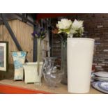 A QUANTITY OF LARGE DECORATIVE ITEMS TO INCLUDE, GLASS AND CERAMIC VASES, PLANTERS, ETC