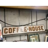 A LARGE WOODEN HANDPAINTED COFFEE HOUSE SIGN 194CM X 33CM