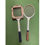 TWO VINTAGE WOODEN TENNIS RACKETS, ONE WITH THE WOODEN FRAME
