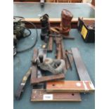 AN ASSORTMENT OF VINTAGE TOOLS TO INCLUDE SET QUARES, A LEYTOOL DRILL AND CLAMPS ETC