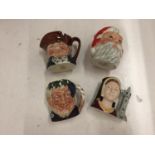 FOUR MINIATURE ROYAL DOULTON TOBY JUGS TO INCLUDE, CATHERINE OF ARAGON, BACCHUS, SANTA CLAUS, ETC