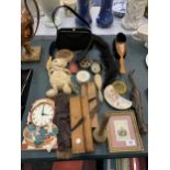 A COLLECTION OF ITEMS TO INCLUDE, TRAVEL ALARM CLOCK, VINTAGE WOODEN PLANES, BRUSHES, MALLET, BAG,