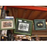 THREE FRAMED PICTURES TO INCLUDE TWO PRINTS OF VINTAGE MOTORCYCLES AND A COLLAGE OF A TRIUMPH