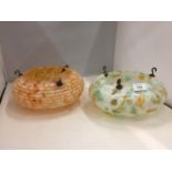 TWO VINTAGE GLASS LAMP SHADES, ONE MOTTLED ORANGE AND THE OTHER CREAM, ORANGE AND GREEN, DIAMETER