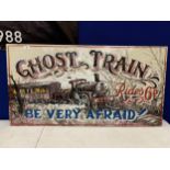 A LARGE WOODEN GHOST TRAIN FAIRGROUND SIGN 104CM X 54CM