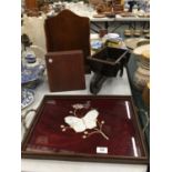 A WOODEN WHEELBARROW, BUTTERFLY INLAID TRAY, KNIFE BLOCK AND SMALL SHELF