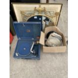 AN ASSORTMENT OF ITEMS TO INCLUDE A HMV GRAMAPHONE, A DECORATIVE GILT FRAMED MIRROR AND A COLLECTION