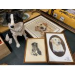 A LARGE LEONARDO DOG STUDIES BORDER COLLIE HEIGHT 37CM AND THREE FRAMED PRINTS OF DOGS, A SIGNED