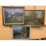 THREE FRAMED OIL ON CANVAS PAINTINGS OF FARMING SCENES SIGNED JAMES W WARREN SIZES 66CM X 54CM, 61CM