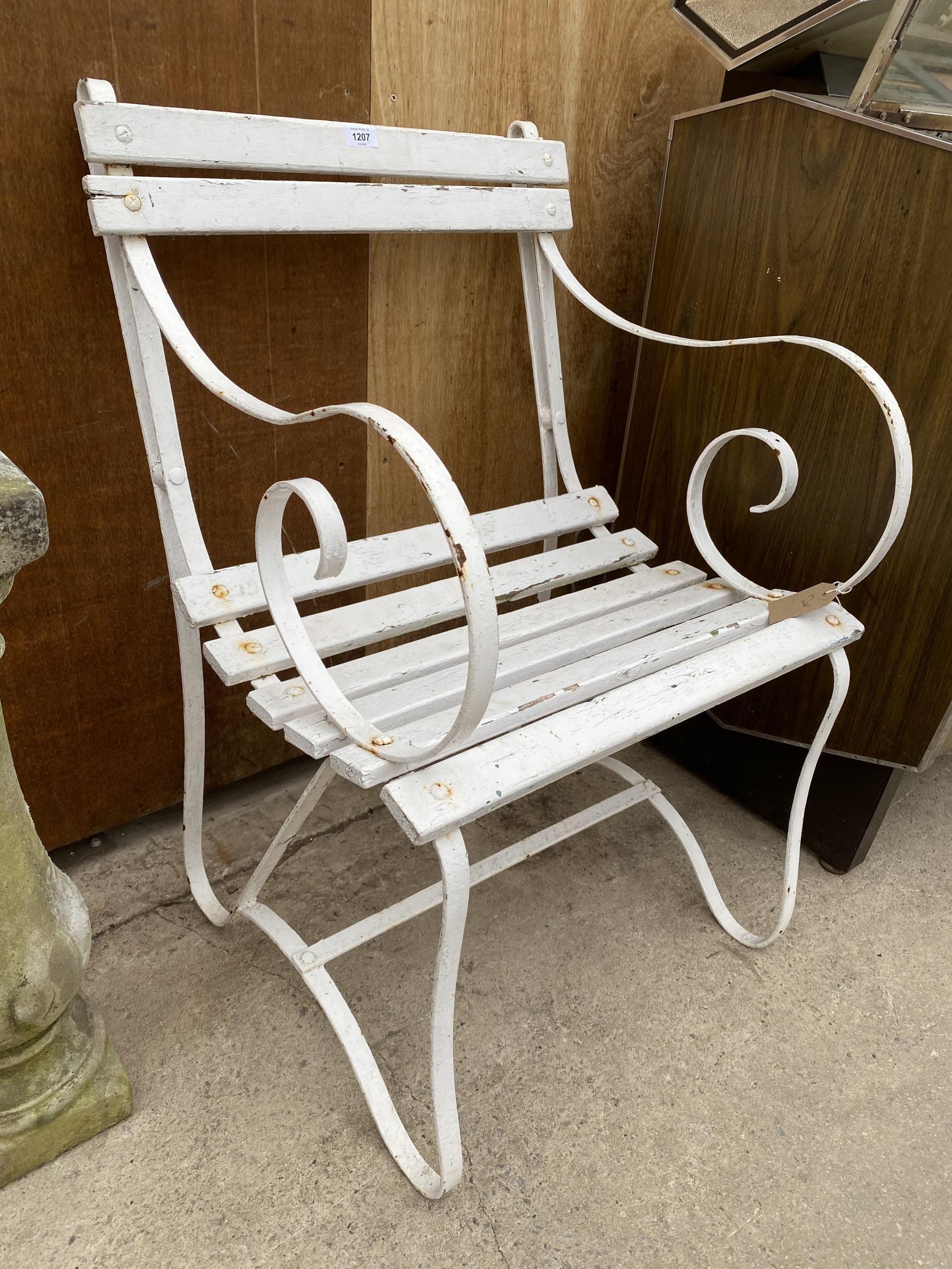 A VINTAGE ARM CHAIR WITH WROUGHT IRON ENDS AND SLATTED SEAT AND BACK - Image 2 of 2