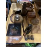 A QUANTITY OF TREEN ITEMS TO INCLUDE BOWLS, GAMES, BAROMETER, BOX, ETC