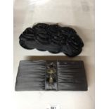 TWO EVENING BAGS, ONE BLACK WITHJ RUFFLES AND SPARKLE BY KOKO, THE OTHER A GREY RUCHED CLUTCH BAG BY