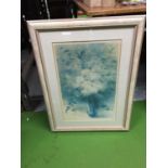 A FRAMED PRINT OF WHITE CHRYSANTHEMUMS BY SHIRLEY FELTS