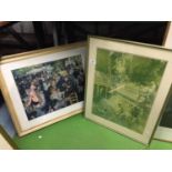 A FRAMED PRINT OF LADIES IN A LAKE, SIGNED RUSSELL FLINT AND A FRAMED RENOIR PRINT TITLED DANCE AT