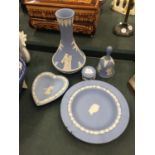 FIVE PIECES OF BLUE WEDGWOOD JASPERWARE TO INCLUDE, VASE, BELL, PLATE, ETC
