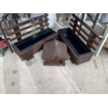 TWO WOODEN TROUGH PLANTERS AND A WOODEN BIRD TABLE TOP