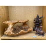 A DECORATIVE TREEN BOWL AND TWO TREEEN FIGURES