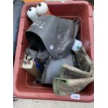 AN ASSORTMENT OF TOOLS TO INCLUDE TWO WELDING MASKS, WELDING GAS AND SPANNERS ETC